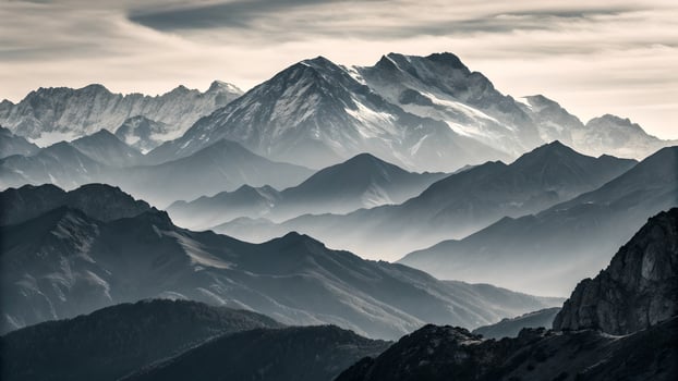 Majestic Snow-Capped Mountains in Foggy Landscape for Nature Lovers and Travel Enthusiasts photo