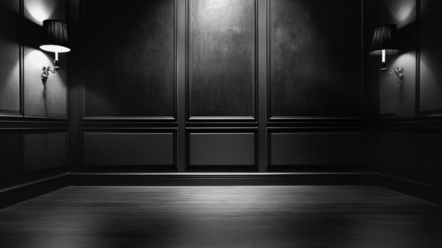 Monochromatic interior with ornate wall paneling and sconce lighting, creating a subdued, atmospheric mood in an empty room. photo