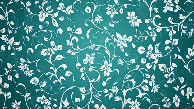Floral pattern featuring swirling white botanical elements against a teal background for an elegant, vintage-inspired aesthetic. photo