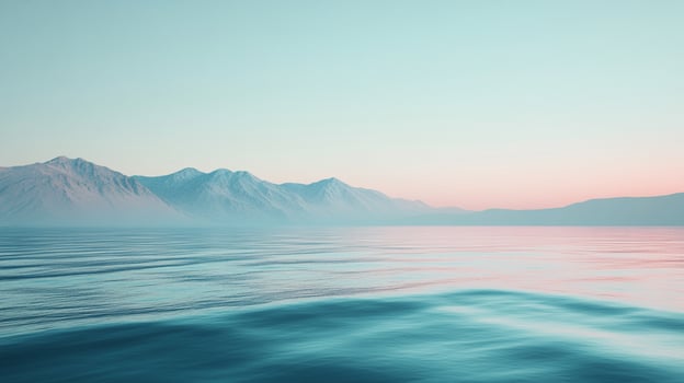 Serene landscape featuring calm ocean waters reflecting pastel sky, with distant mountains adding tranquil backdrop. Dreamy horizon scene. photo