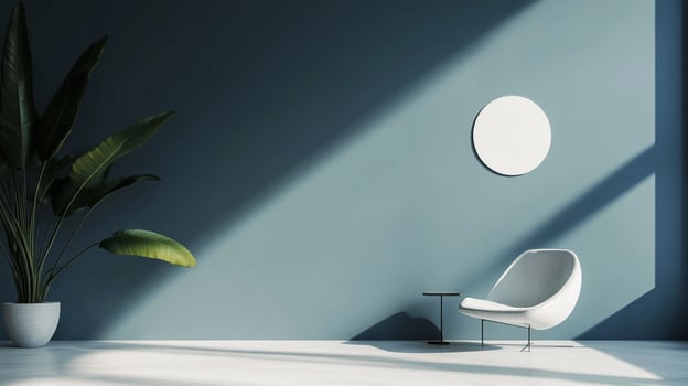 Minimalist interior featuring a lounge chair, plant, round wall decor, side table, and ample natural light creating shadow patterns. photo