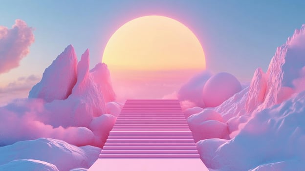 Pink staircase leading to a dreamy horizon under a large sun with surreal fluffy clouds on the sides. Ethereal pastel landscape. photo