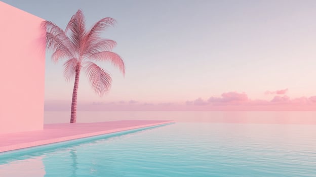 A tranquil oceanside vista featuring a stylized pink palm tree next to pool wall and a pastel colored sky reflecting on the calm sea. photo