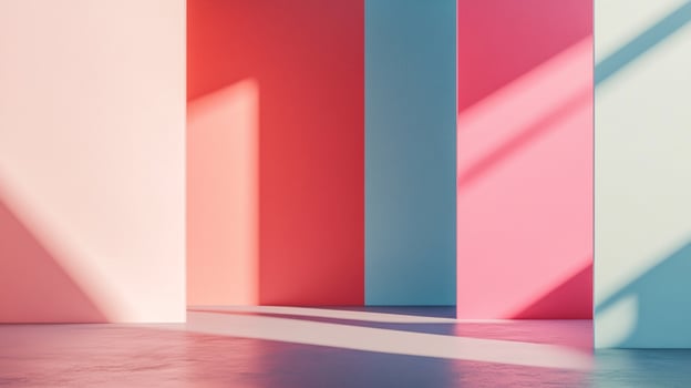 Minimalist scene showcasing the interplay of colored walls and shadows creating a serene ambiance with a sense of depth and artistic expression. photo