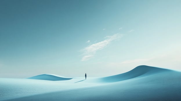 Lone figure traverses expansive blue-toned desert landscape, evokes feelings of solitude, journey, and surreal beauty. A peaceful scene. photo