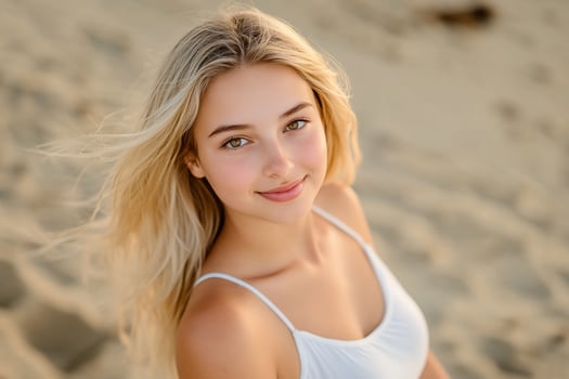 A beautiful blonde woman posing on the beach photo
