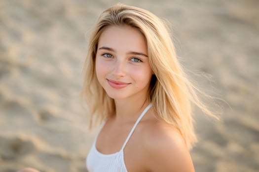 A beautiful young woman in a white bikini on the beach photo
