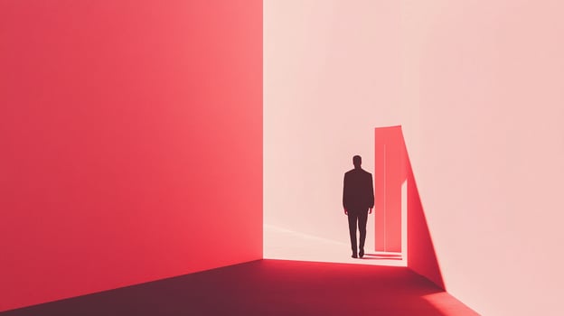 Silhouette walks into a bright, coral room towards an open doorway, creating dramatic shadows and minimalist aesthetic. photo