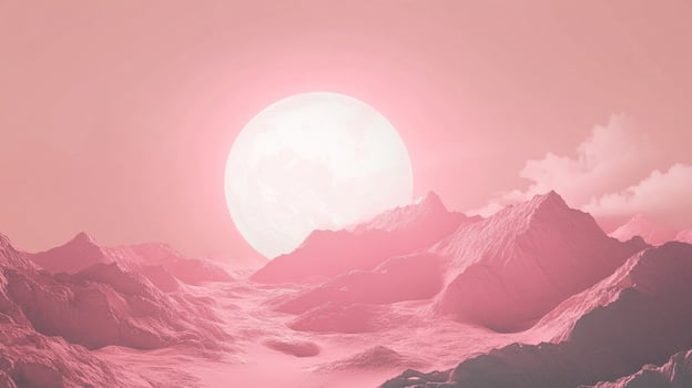 Pink monochrome landscape, featuring a large lunar object above rough mountains and a sparse horizon, creating a dreamy, surreal view. photo