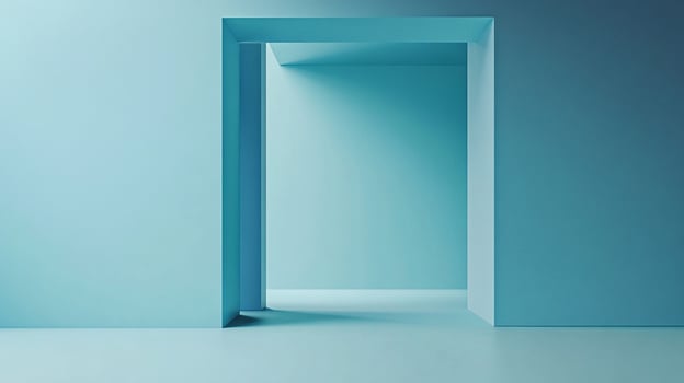 Minimalist architectural space featuring an open doorway. The scene evokes a sense of calmness with its soft, uniform color palette. photo