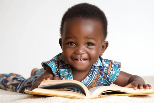 A joyful Black baby girl with a radiant smile, delightfully exploring a large book on a soft, neutral background. photo
