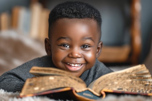 A joyful young Black boy smiles brightly while lying on a cozy surface, engaging with an open book. photo