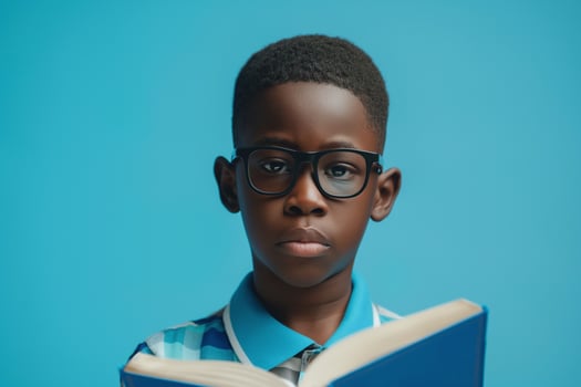 A focused African American boy wearing glasses reads a book against a vibrant blue background. photo
