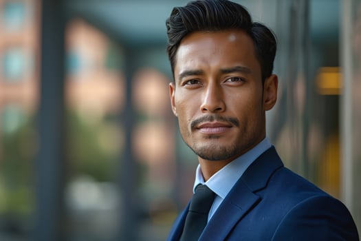 A confident South Asian male professional in a formal blue suit, exuding charisma and focus. photo