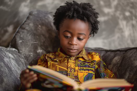 A young Black boy intently reading a colorful book while seated on a cozy gray sofa. photo