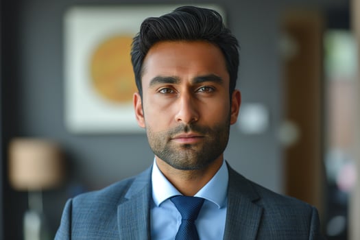 A confident South Asian male in a tailored suit, exuding professionalism in a modern office setting. photo