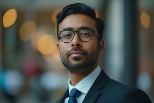 Confident South Asian man in a suit with glasses, exuding professionalism in a blurred urban setting. photo