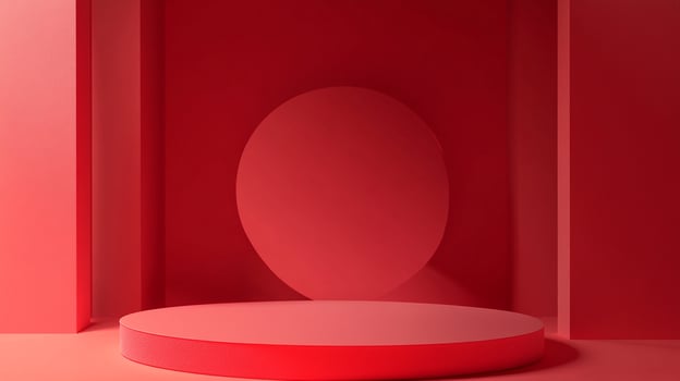 Minimalist red product display stand. Circular backdrop, cylindrical platform, geometric blocks. Abstract modern studio setting. photo