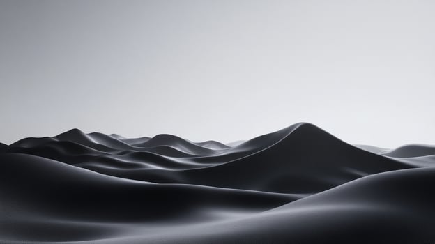 Monochromatic wavy landscape with hills or dunes, rendered with soft light, evokes a minimalist and serene atmosphere. Undulating forms. photo