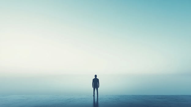 Silhouette of an individual facing a serene horizon, blending sky and water in soft blues and whites, evoking peace and contemplation. photo