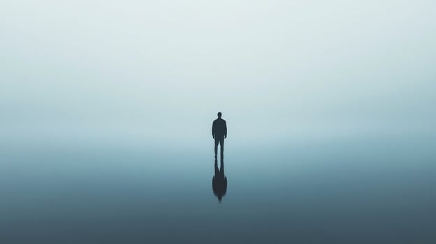 Solitary figure standing on a reflective surface under a gradient sky, evokes serenity and introspective mood. Minimalist and contemplative. photo