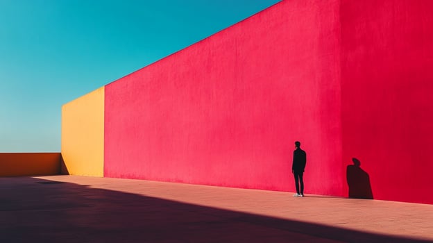 Person silhouetted against vibrant colors of yellow and red, creating a stark contrast under a clear blue sky on a minimalist background. photo