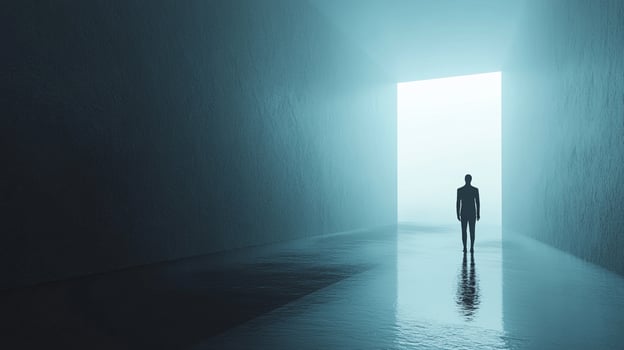 A lone figure stands at the edge of a bright doorway, contrasting against the somber interior. Mystery and anticipation fill the air. photo