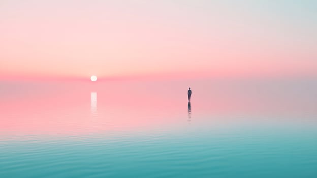 Lone figure stands silhouetted against the pastel dawn sky over calm waters, creating a serene and meditative scene. photo
