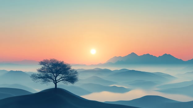 A serene landscape with a lone tree silhouetted against a pastel sunset over misty hills, evoking peace and tranquility. Nature's beauty shines. photo