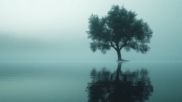 A solitary tree stands reflected in calm water under a misty sky, creating a tranquil and ethereal waterscape. Reflections mirror nature. photo