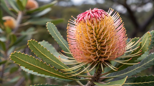 Exotic Banksia Flower Vibrant Close-Up in Natural Habitat for Nature Enthusiasts and Botanical Garden Visitors Discovering Unique Plant Life photo
