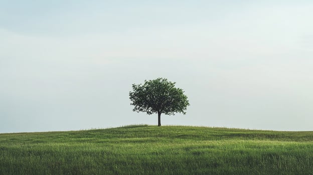 A solitary tree stands atop a green, grassy hill under a pale sky, symbolizing nature's resilience and quiet beauty. photo