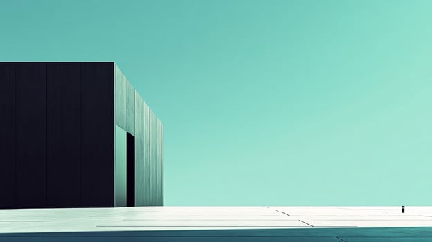 Minimalist architecture featuring a dark rectangular structure against a stark turquoise sky and white ground. The composition is clean and modern. photo