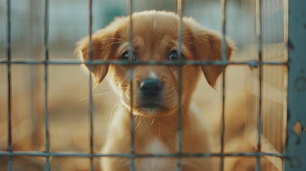 A small puppy peers through the metal bars of a cage at an animal shelter, waiting to be adopted. Shelter life, home, animal rescue center, pet care photo
