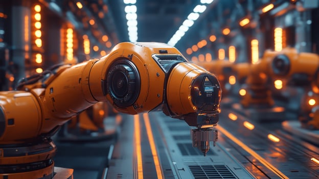 A robotic arm is positioned in a well-lit factory, demonstrating automated tasks on a conveyor belt. The scene highlights innovative engineering and increased production efficiency with AI technology. photo