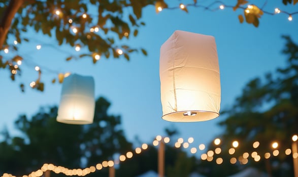 Lanterns illuminated at dusk, creating a warm, festive atmosphere. photo