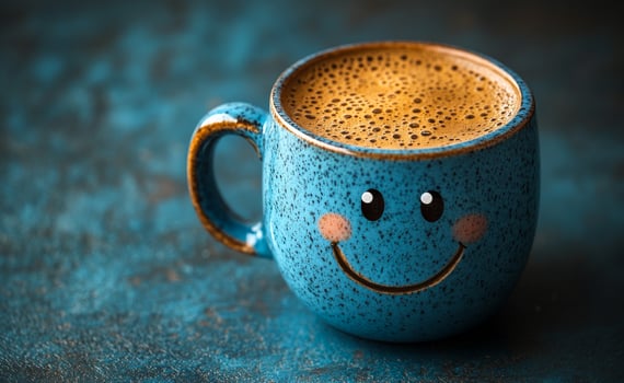 A smiling blue coffee mug with a brown liquid in it. The mug is placed on a blue surface photo