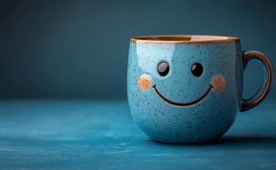 A smiling blue coffee cup on a blue table. The cup is smiling and has a happy expression photo