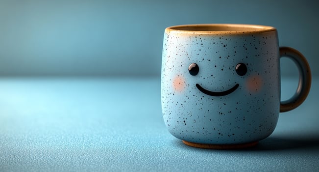 A smiling blue coffee cup on a blue background. The cup is smiling and has a happy expression photo