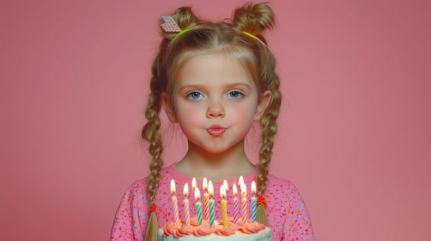 little girl blowing out candles on a birthday cake on a pink background photo