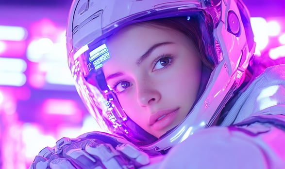 A woman in an astronaut suit with neon lights photo