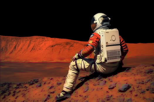 An astronaut seated on the red, rocky surface of Mars, gazing at the vast Martian landscape under a dramatic sky, symbolizing space exploration photo