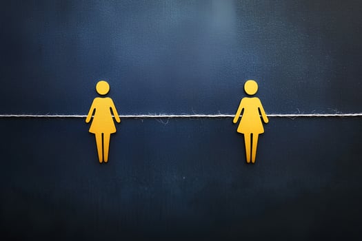 Cutout paper man and woman figures clipped to a rope with clothespins on a dark background photo