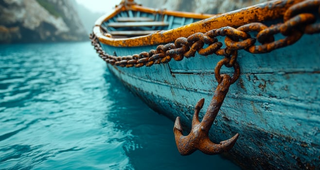 A boat with a chain attached to it is floating in the water. The chain is rusty and the boat is old. The water is calm and the sky is cloudy photo