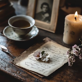 Vintage letter with flowers, candle, and tea cup on an antique wooden table. High quality photo