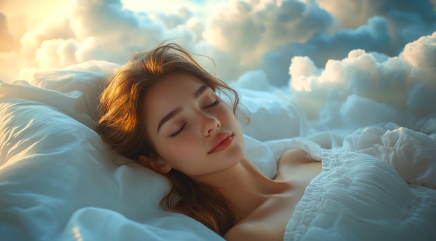 A woman is sleeping on a bed with a white comforter. The bed is covered in clouds, giving the impression that the woman is sleeping in a dream photo