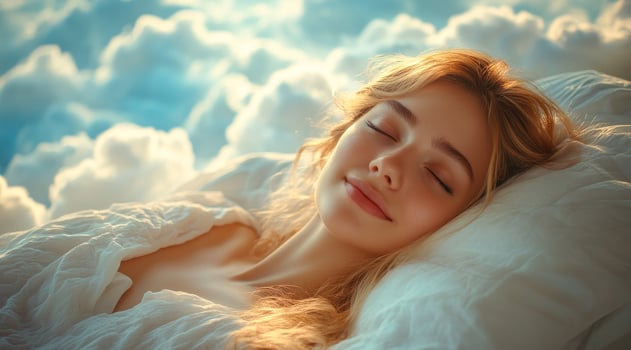 A woman is sleeping on a bed with a white pillow. She is smiling and she is in a peaceful state photo