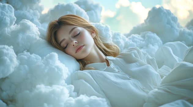 A woman is sleeping in a bed of clouds. The clouds are white and fluffy, and the woman is surrounded by them. The scene is peaceful and dreamy, with the woman's face resting on a pillow photo