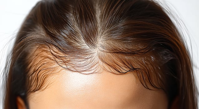 A woman's head with a shaved spot on the top of her head. The hair is brown and the woman has a tan complexion photo