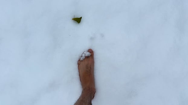 Top view of male bare feet stepping on white snow. Legs of man going on snowy trail. Young guy hardening at cold winter. Concept of healthy lifestyle. POV Slow motion photo